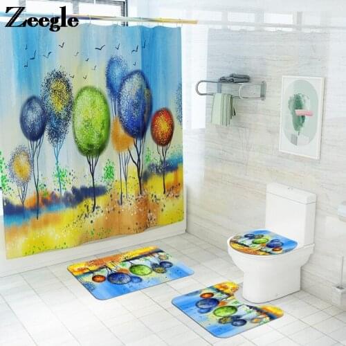 Cartoon balloon Print Bath Mat Bathroom Carpet and Waterproof Shower Curtain Set Home Decor Toilet Mat Non-slip Foot Mats Set