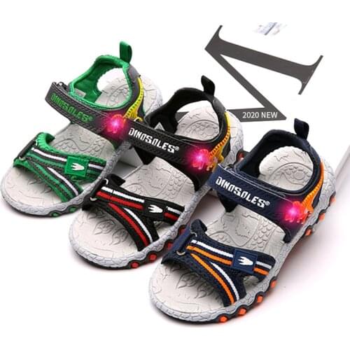 2020 Casual Non-slip Children Summer Shoes 3D Dinosaur LED Boys Sandals Light Up Beach Kids Footwear PU Toddler Boy Trainers