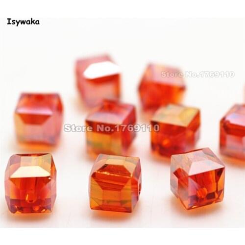 Isywaka 100pcs 8mm Orange Red AB Color Square Austria Crystal Beads charm Glass Beads Loose Spacer Bead for DIY Jewelry Making