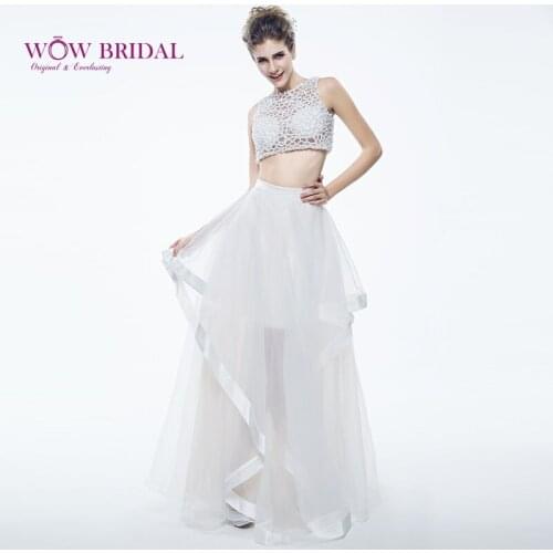 Wowbridal Sexy Two Piece Prom Dresses 2021 O-Neck Cross Hollowed Beaded Shirt Organza Tiered A-Line Ruffles Women Prom Dress