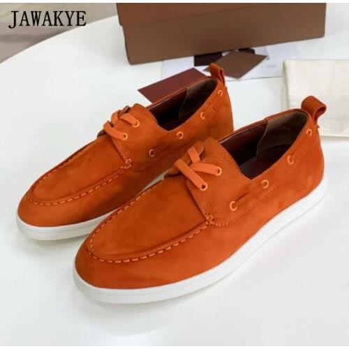 2021 New Elastic Lace Up Women Flat Shoes Round Toe Slip-on Outdoor Moccasins Comfort Orange Suede White Sole Casual Shoes