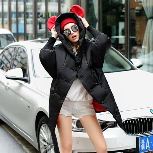 Winter fashion lovely sweetness rabbit ears hooded down jacket women long warm parka coats womens 90% white duck down jacket