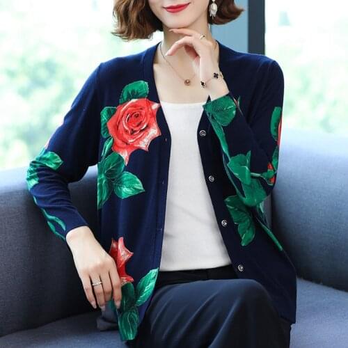 YISU 2021 New Women Wool Cardigan V-Neck Cardigan Rose Printing Long sleeve Sweater Single breasted Tops Knitted Coats Female