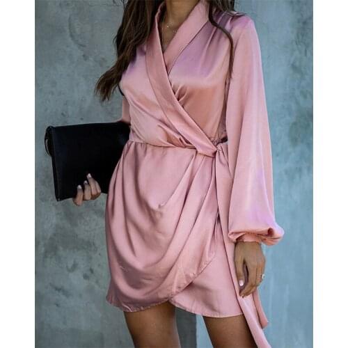 Foridol Lantern Sleeve Wrap Satin Dress Women Clothes Elegant V Neck Party Short Pink Dress Irregular Winter Night Dress 2020