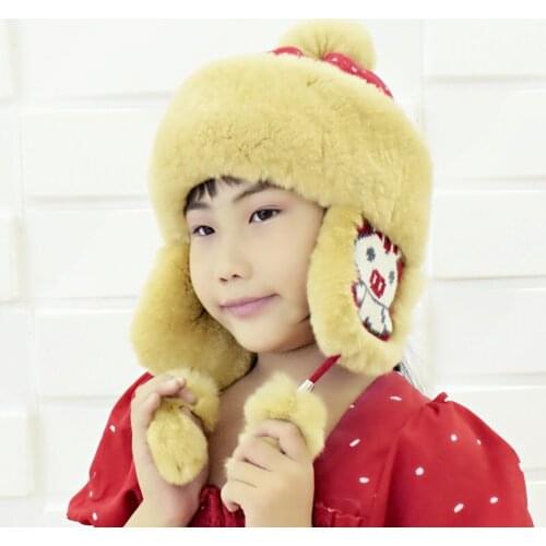 Winter warm hat for girls natural rabbit fur bomber ear hats warm high quality cute kids real fur hat with balls