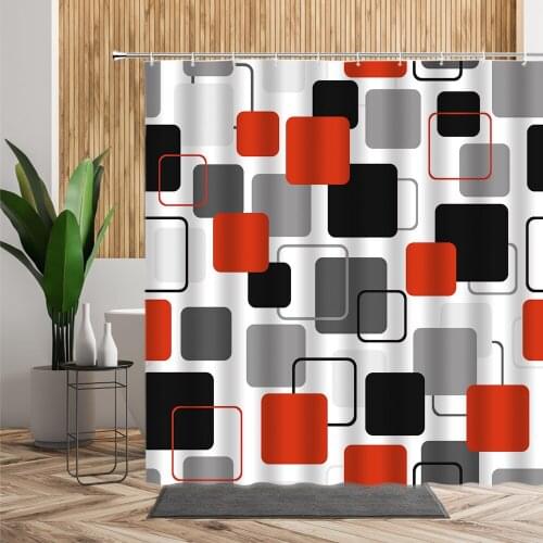 Black Red Lattice Geometric Shower Curtains Color Square European Fabric Home Decor Background Waterproof Bath Curtain With Hook