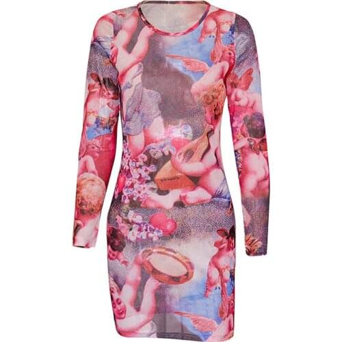 INDJXND Sexy Dress Long Sleeve Through Mesh Patchwork Bodycon Dress Club Party Club Wear Mini Moon Starry Love Female Dresses