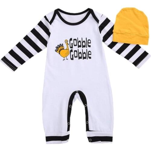 Unisex Newborn Baby Thanksgiving Romper Cap Sets Cartoon Turkey Letter Print Cute Stripe Sleeve Jumpsuit and Beanies Hats