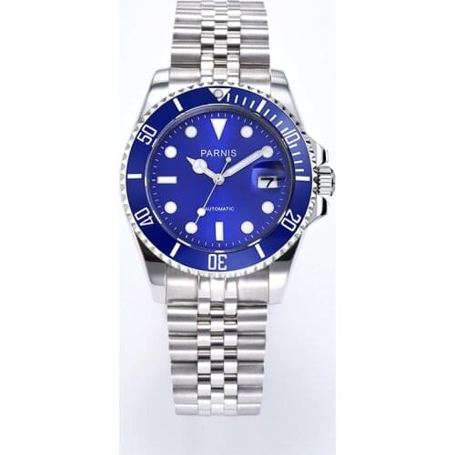 Fashion Parnis 40mm Blue Dial Automatic Mechanical Mens Watch Calendar Men Watches 2020 with box gift man clock zegarki meskie