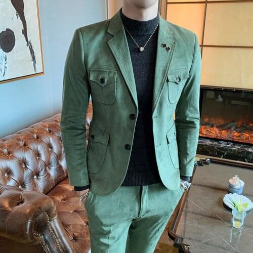 Spring Suede Man Suits 2 Pieces Slim Fit Business Luxury Dress Suits Blazer Pant Solid color Wedding Groom Suits for Men