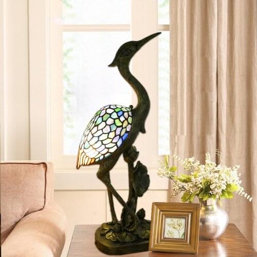 Mediterranean Crane Table Lamp Exquisite Hand-made Glass Resin Luminaires for Living Room Bedroom Bedside Decorative Desk Lights