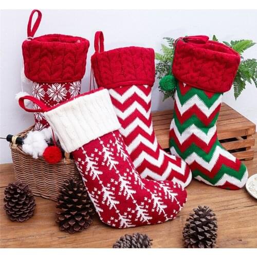 Sock Christmas Knitted Stockings Decor Festival Gift Bag Fireplace Xmas Tree Hanging Ornaments Decor Red White Christmas Sock