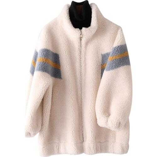 2021 Autumn Winter New Fashion Sheep Sheared Coat Women Casual Long Sleeve Splice Overcoat Loose Faux Fur Jacket Female LY713