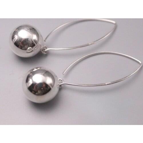 New Pure 925 Sterling Silver Earrings 52X14mm Smooth Ball Ear Hook For Woman