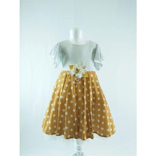 Female Child Yellow Silvery Polka Dot Short-Sleeve Dress Piece Print Zipper Woven Trend Cycling Neck Viscose Belted