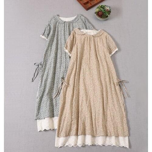Japan Style Mori Girl Floral Print Short Sleeve Dress Loose Double Layer Peter Pan Collar Cotton Women Dresses