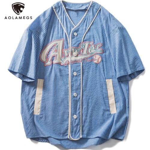 Aolamegs Harajuku Mens Shirts Letter Embroidery Striped V-Neck Tops College Couple Short Sleeve Shirt Fashion Streetwear Summer