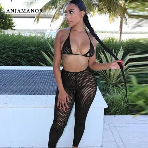 ANJAMANOR Sexy Neon Fishnet Mesh Hollow Out Bikini 3 Piece Set Summer Beach Vacation Outfits Pant Suits Wholesale Items D60-CI23