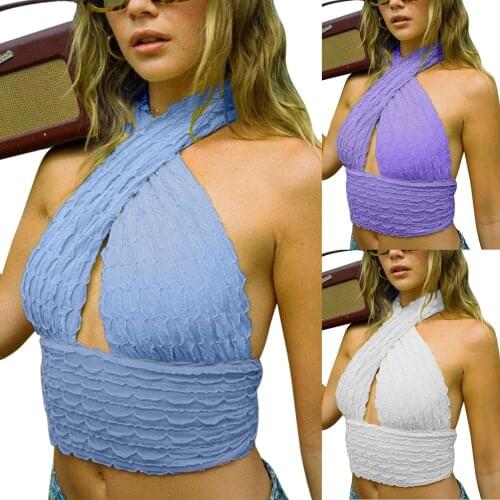 Sexy Female Camisole Solid Color Sleeveless Halterneck Crop Tops Backless Vest for Summer White/Blue/Purple S/M/L