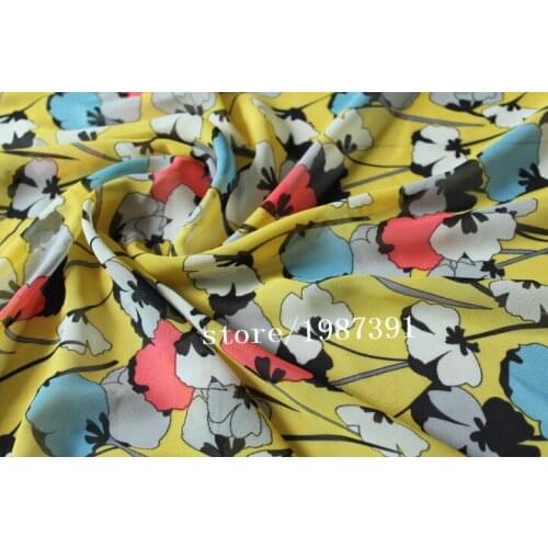 150cm width Chiffon crepe fabric big flowers pattern yellow background can see through for skirt suit-dress headband CH-8184