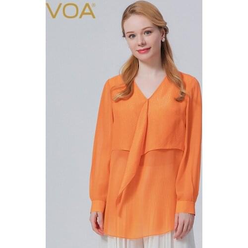 VOA Autumn New Product Silk Jacquard V-Neck Georgette Long-sleeved Asymmetric Twill Front Short Back Long Woman Tshirts BE770