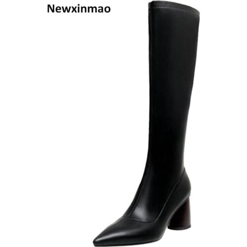 Elegant Fashion Winter Newest Knee High Boots Genuine Leather Square Toe Thick Heels Pumps 2021 Party Shoes Woman