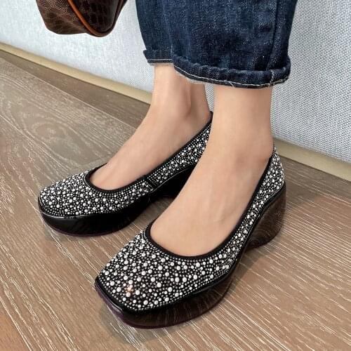 Fashion Spring Summer Women Platform Shoes High Heels Ladies Square Toes Pumps Wedges Rhinestone Shoes Girl Footwear Black White