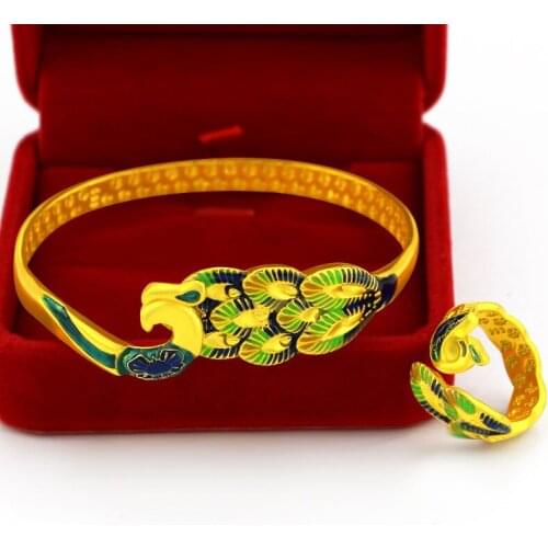 Exquisite 14K Gold Bracelet Female Elegant Peacock Ring for Women Wedding Anniversary Jewelry Set Cloisonne Hand Oranment Gifts