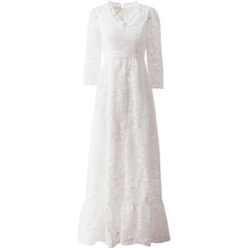 Designer High Quality Spring Autumn New Women Fashion Party Elegant Chic Fashion Hook Flower Hollow Embroidery White Long Dress