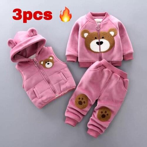 Winter cotton warm clothes cartoon printing plus velvet thick sweater baby boy girl baby clothes hooded vest vest 3-piece set