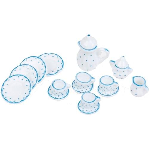 1/12 Dollhous Miniature Blue Flower Patten Porcelain Coffee Tea Cups Ceramic Tableware Dollhouse Kitchen Accessories15Pcs/set