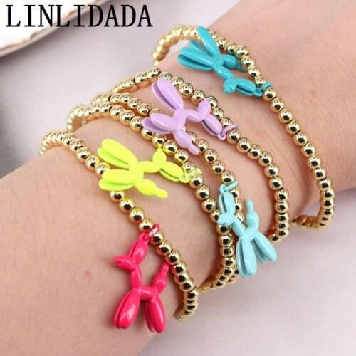 10Pcs, Rainbow Color Enamel Balloon Dog Bracelet Charm Gold Beads Stretch Bracelet Woman Girl Gift Wholesale