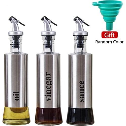 3pcs/Set Oil Seasoning Bottle Dispenser,Stainless Steel + Glass Olive Oil Cruet Bottle,Cooking Accessories For Oil Vinegar