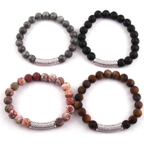 Free Shipping New Design Fashion Beautiful 8mm Natural Stone Bead CZ Pave Bar Bracelet