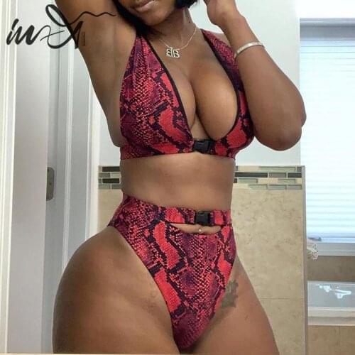 In-X Sexy red snake print bikini 2020 Buckle swimsuit female bathers High waist biquini V neck swimwear women Bathing suit new