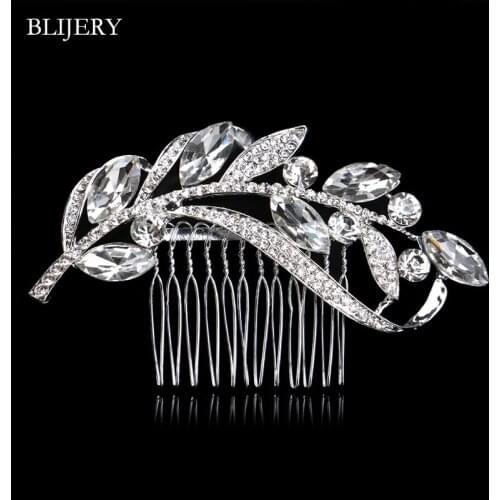 BLIJERY Charm Leaf Branch Bridal Hair Accessories Silver Color Crystal Wedding Hair Combs Women Hairpins Wedding Hair Jewelry