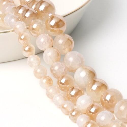 Natural Light Champagne Plated White Cracked Dragon Fire Agates Stone Round Loose Spacer Beads for Jewelry Making DIY Bracelet