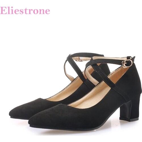 Brand New Comfortable Flock Pink Black Women Pumps Med Square Heels Lady Office Shoes BK19 Plus Big Small Size 12 30 43 48
