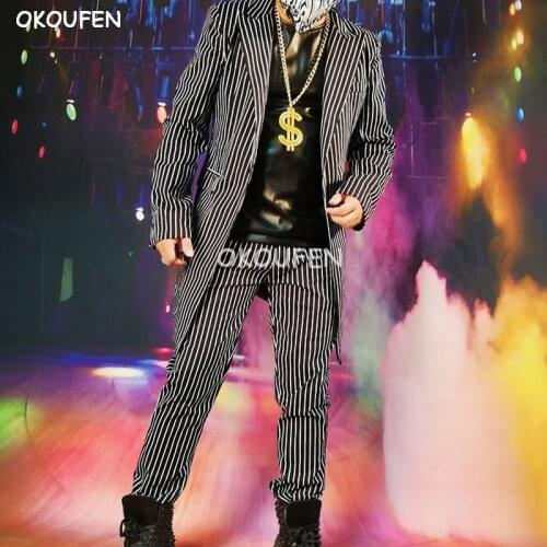 British style long suit Fashion black and white pinstripe blazers DS costumes Nightclub male singer DJ stage wear