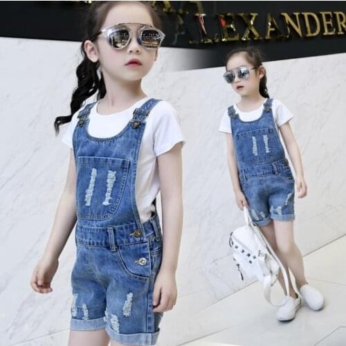 2021 New Summer Fashion Children Girls Cotton Denim Overall Soft Shorts Teenagers Kids Suspender Shorts With Holes 4-12 Yrs