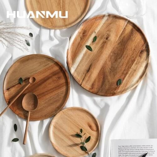 Round Solid Wood Plate Acacia/Rubber Wooden Tea Dessert Tray Dinner Tableware Set Fruit Dishes поднос на ножках خشبيات صحون