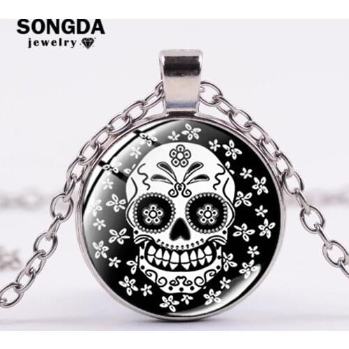 SONGDA Hot Day of The Dead Sugar Skull Chain Necklace Bohemian Gothic Art Photo Print Glass Dome Pendant Mexican Shantou Jewelry