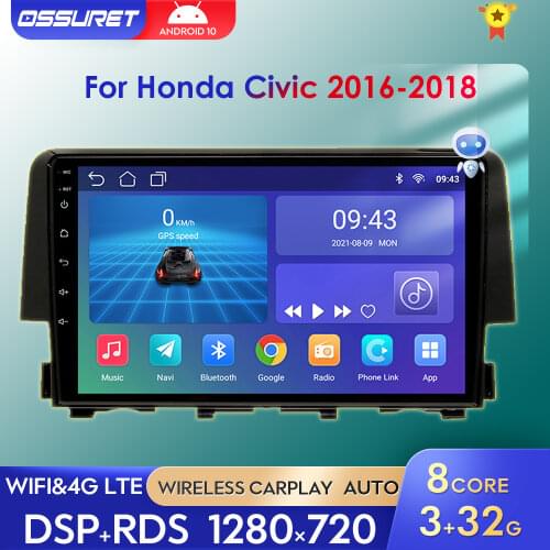 8"9" Android 10 Car Radio For Honda Civic 2016 2017 2018 Player Stereo GPS SWC Multimedia Video Wifi OBD2 DVR DAB+ Double Din