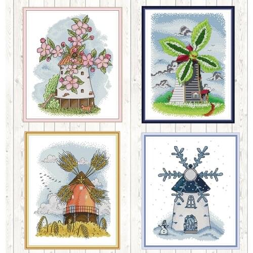 Four Seasons Windmill Wall Home Decor Cross Stitch Sets DIY Needlepoint Embroidery Needlework Sets Dmc 14ct 11CT Cross Stitch