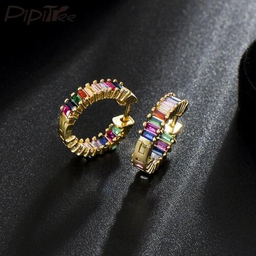 Pipitree New Trendy Multicolor Cubic Zirconia Jewelry Round Hoop Earrings Nobal CZ Crystal Women Earrings Jewelry Brinos Femme
