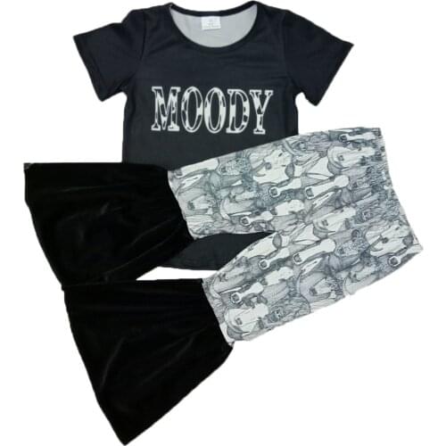 New Fashion Boutique kids Clothing Set Toddler Kids Girl Letter Printed Short Sleeve cow Design Ruffles Bell Pants