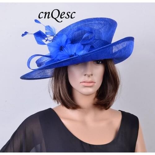 Wholesale NEW Royal blue sinamay wedding womens hat panama with feather flower. Attractive multiple color