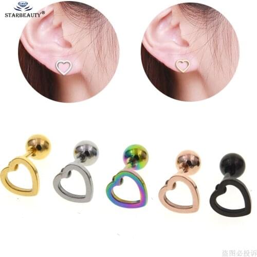 Starbeauty 2 pcs Thin 6mm Rose Gold Color Hollow Heart Earrings for Women Girls Stud Earrings Korean Ear Piercing Body Jewelry