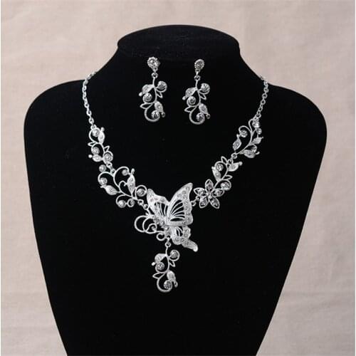 Wedding Jewelry Set Bride Rhinestone Jewelry Set Butterfly Choker Necklace Flower Earrings Silver Plated Set of Fashion Jewelry