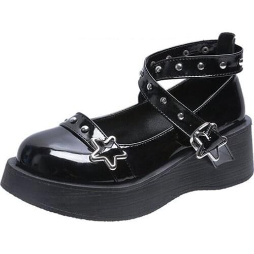 Women Flats Platform Shoes Japan Punk Students Shoes Five-pointed Star Metal Sheets High Heels Cross-tied Shoes
